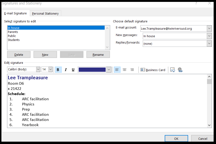 Screenshot showing Outlook Signatures window