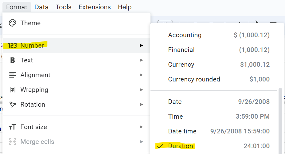 Screenshot showing Duration for number format in Google Sheets
