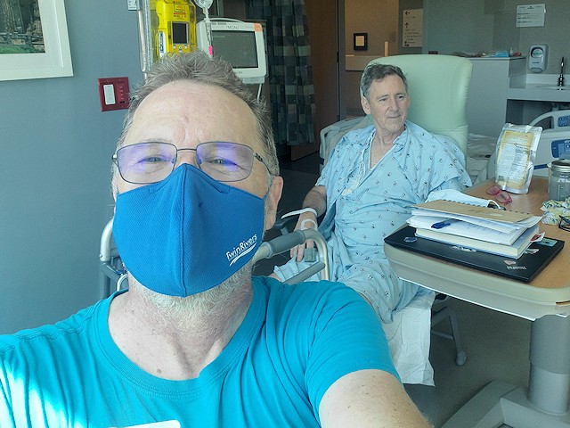 Photos of Lee with a COVID mask and Calvin behind him in a hospital bed.